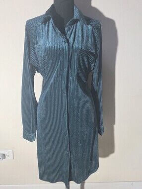 Passport Teal Ribbed Long-Sleeve Shirt Dress (Size L)